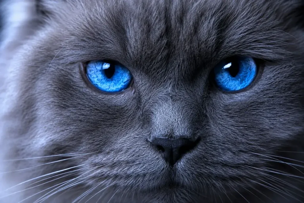 Gray cat's intense sapphire-eyed gaze Dark Gray Ragdoll Cat