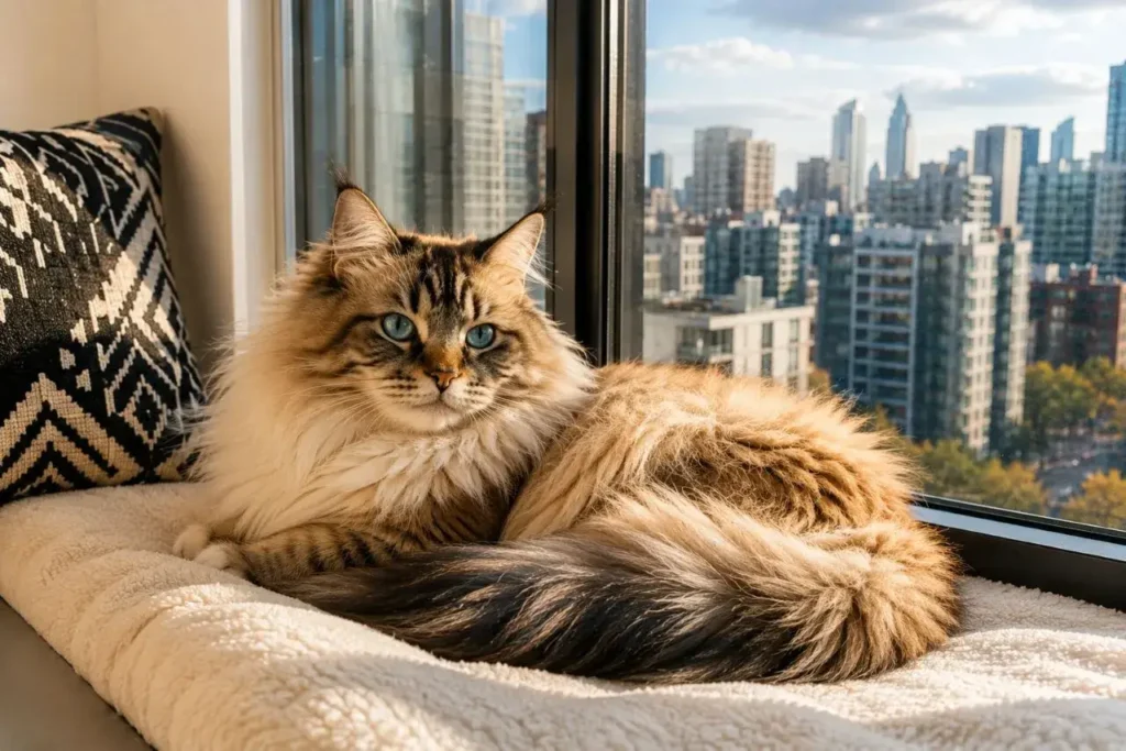 Relaxing cat in a sunlit window nook