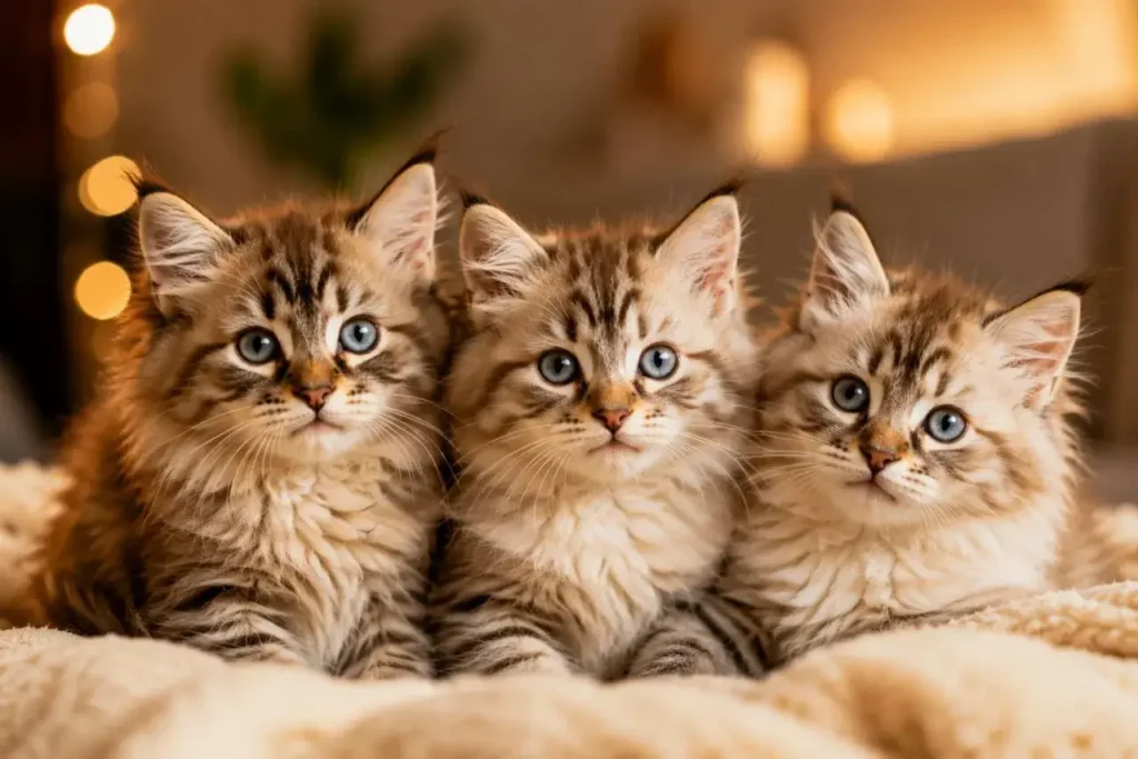 Three playful kittens in cozy setting