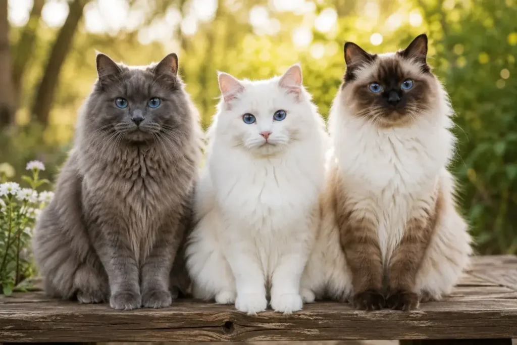 Three serene cats on a wooden bench
