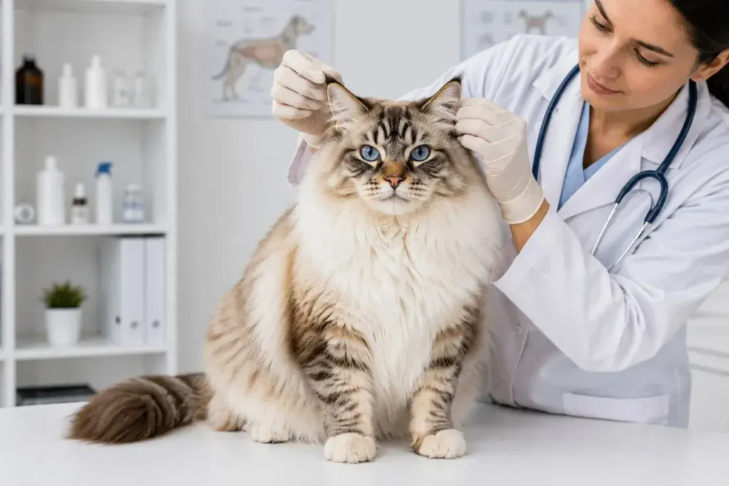 Veterinarian examining a fluffy cat