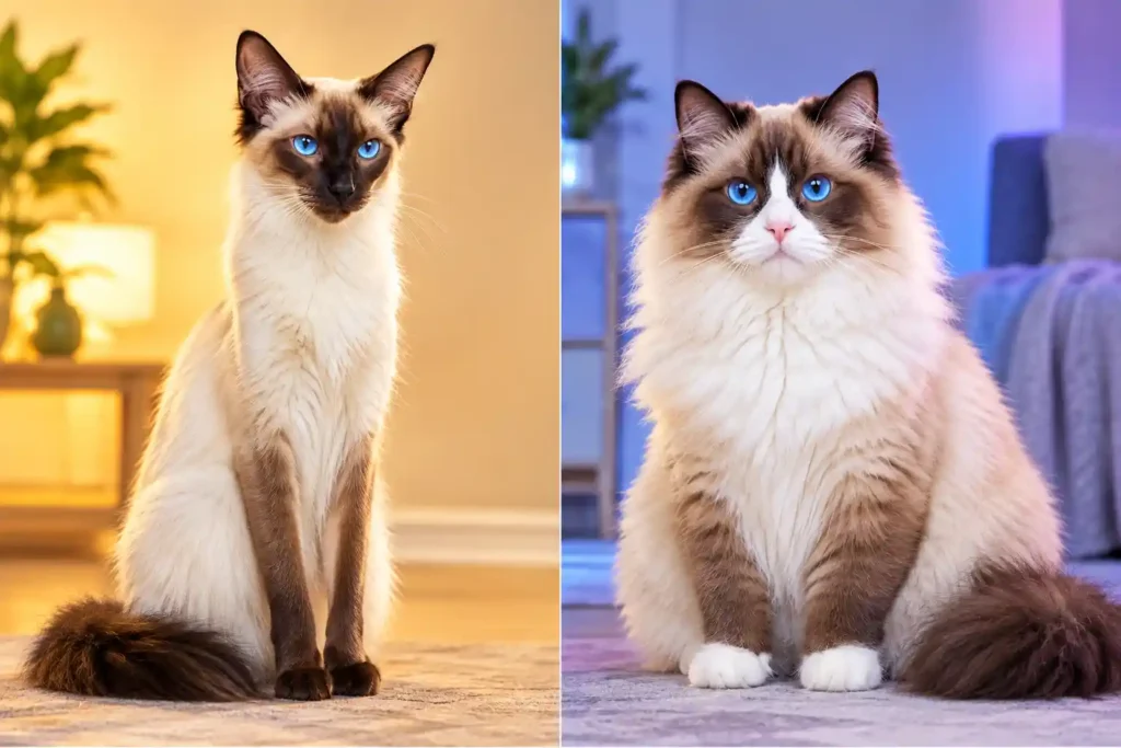 2 Warm and Cool Blue-Eyed Cat Portraits