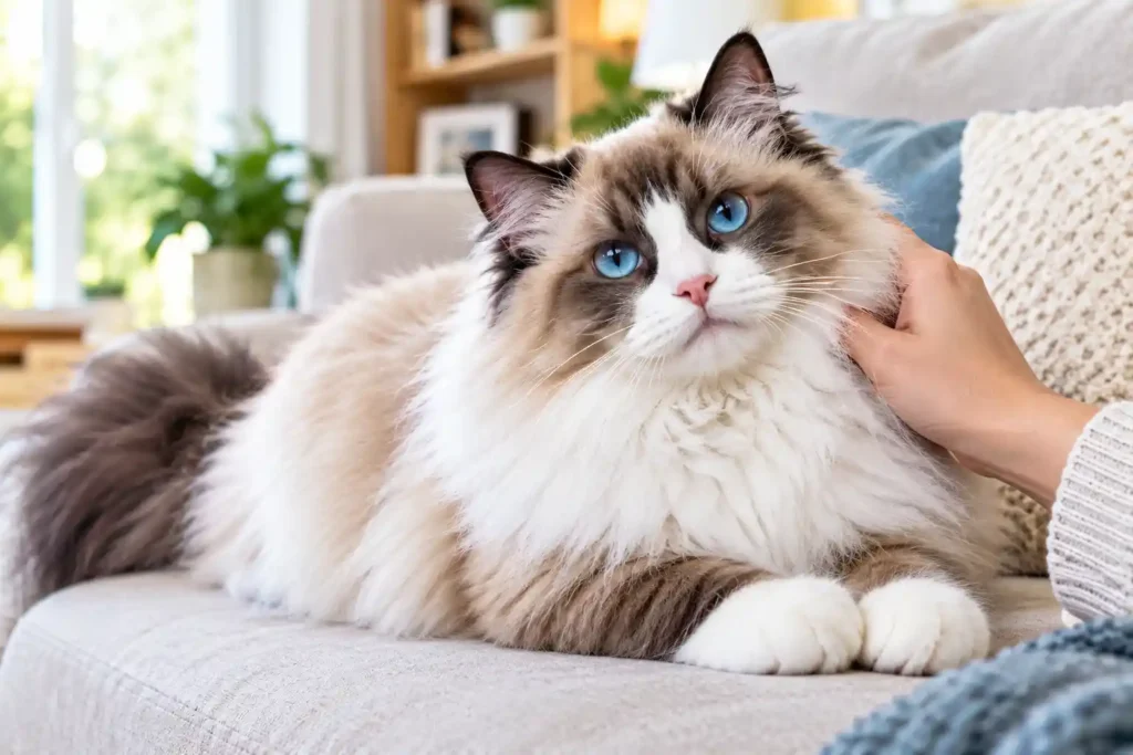 2 Blue-Eyed Ragdoll on a Cozy Sofa Ragdoll Norwegian Forest cat mix
