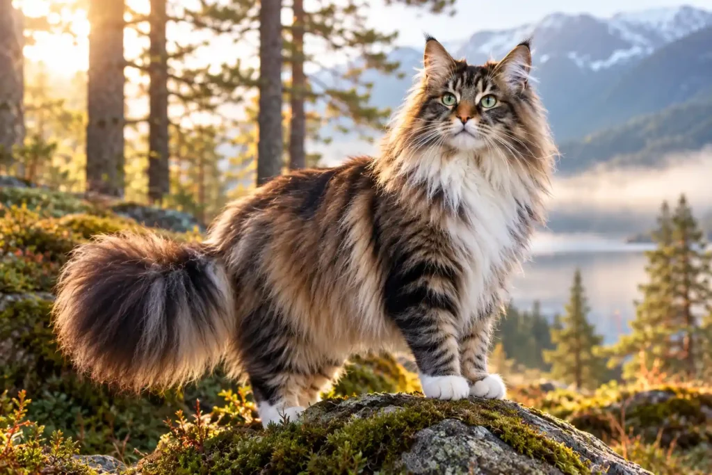 3 Majestic Cat Over a Misty Mountain Lake Ragdoll Norwegian Forest cat mix