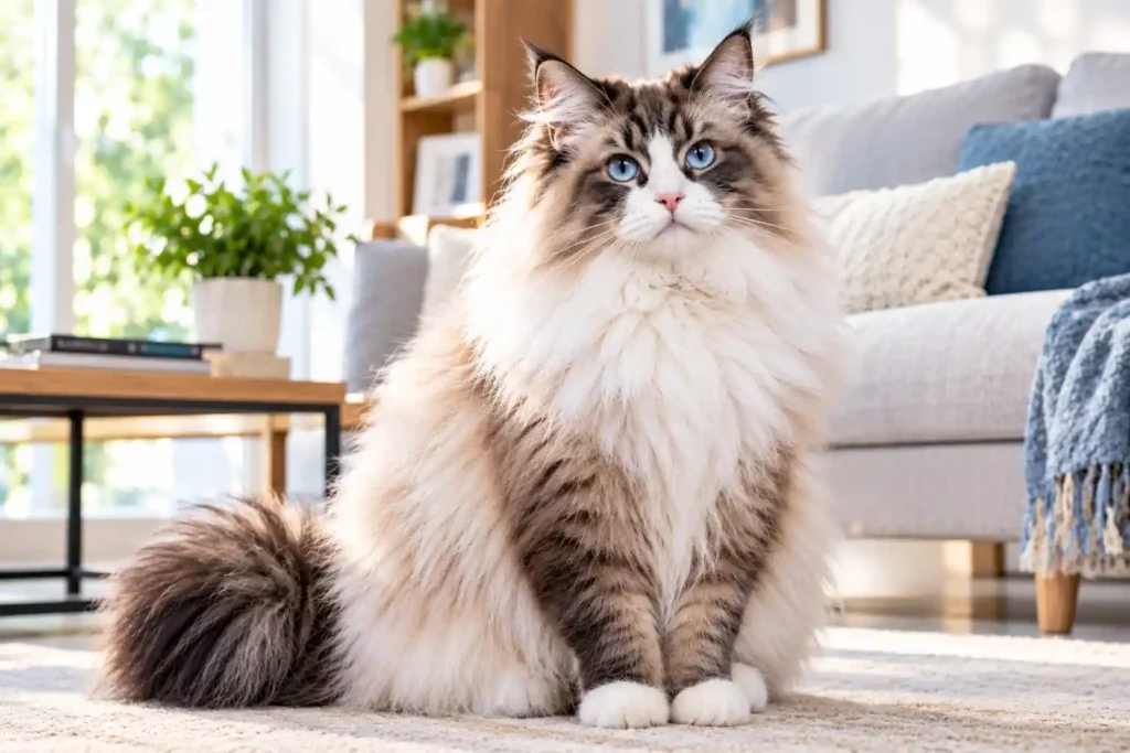 4 Blue-Eyed Fluffy Cat in a Cozy Living Room Ragdoll Norwegian Forest cat mix