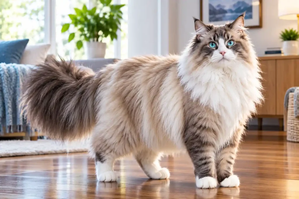 5 Majestic Blue-Eyed Cat in a Cozy Living Room Ragdoll Norwegian Forest cat mix
