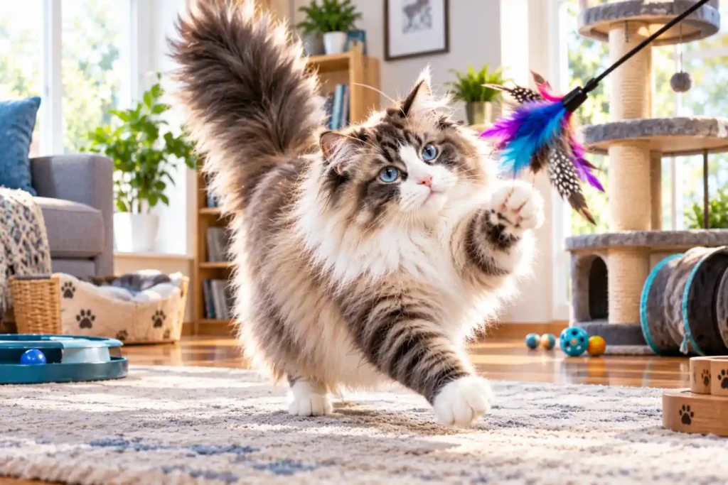 9 Playful Fluffy Cat Chasing Feathers Ragdoll Norwegian Forest cat mix