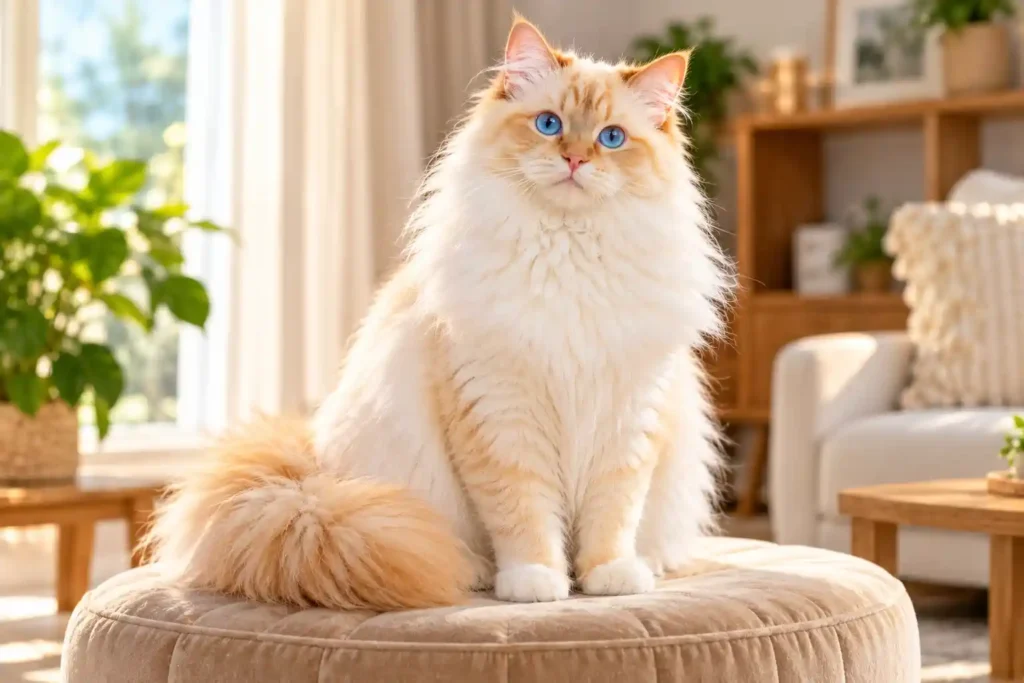 2 Sunlit Ragdoll Cat on Velvet Ottoman Flame Point Ragdoll Cat