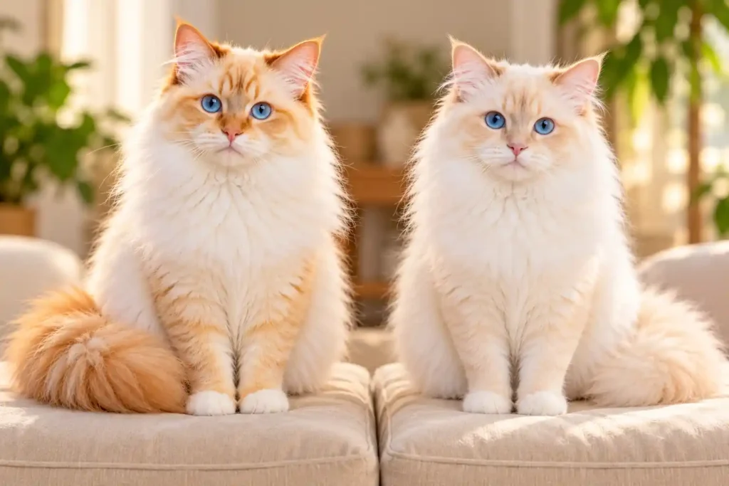 5 Two Fluffy Cats in Warm Sunlight Flame Point Ragdoll Cat