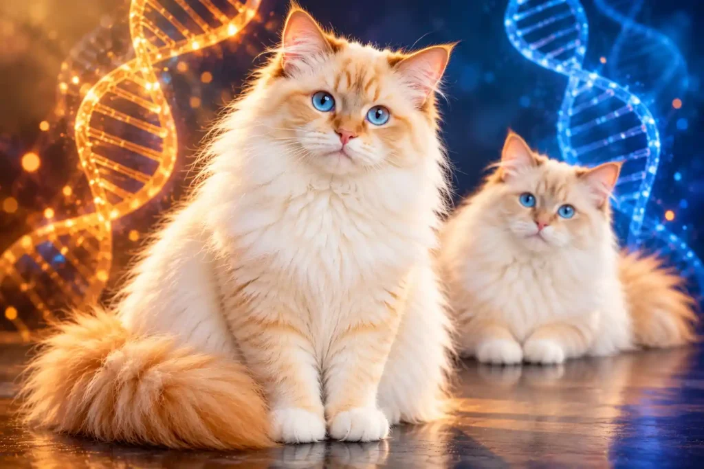 6 Fluffy Cats Among Glowing DNA Helices Flame Point Ragdoll Cat