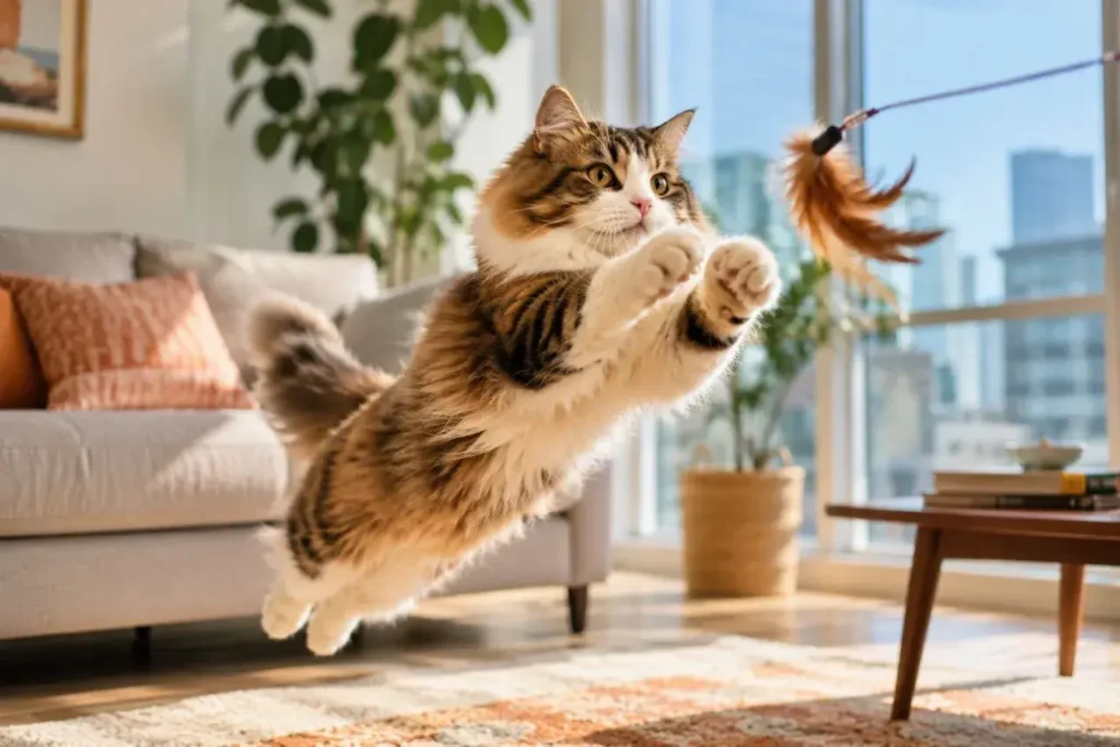 Fluffy cat leaps in cozy living room
