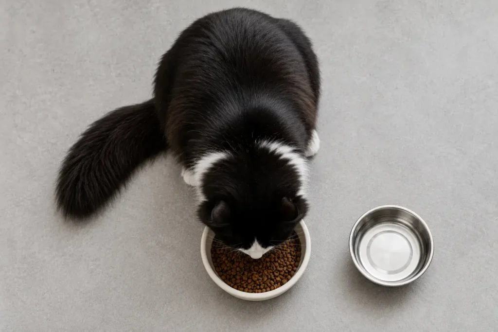 Cat enjoying a meal in minimal setting Tuxedo Black and White Ragdoll Cat 