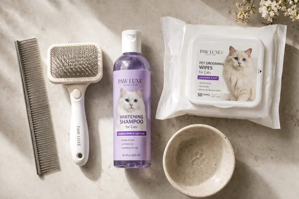 Cat grooming essentials in soft light