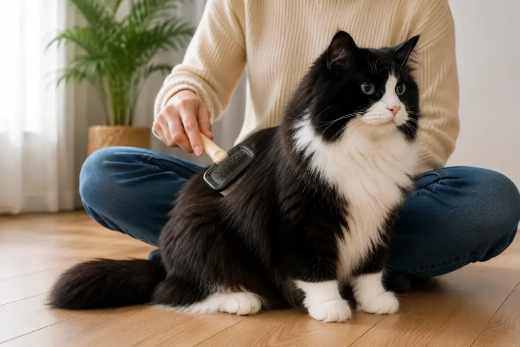 Cozy grooming session with a fluffy cat Tuxedo Black and White Ragdoll Cat