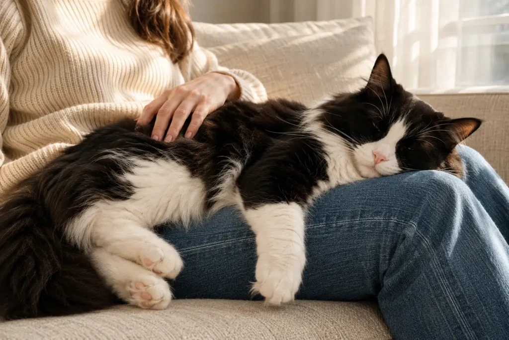 Cozy moment with a fluffy cat Tuxedo Black and White Ragdoll Cat