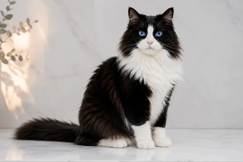 Fluffy cat on marble countertop Tuxedo Black and White Ragdoll Cat
