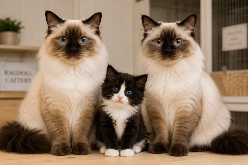 Fluffy cat trio in cozy setting Tuxedo Black and White Ragdoll Cat