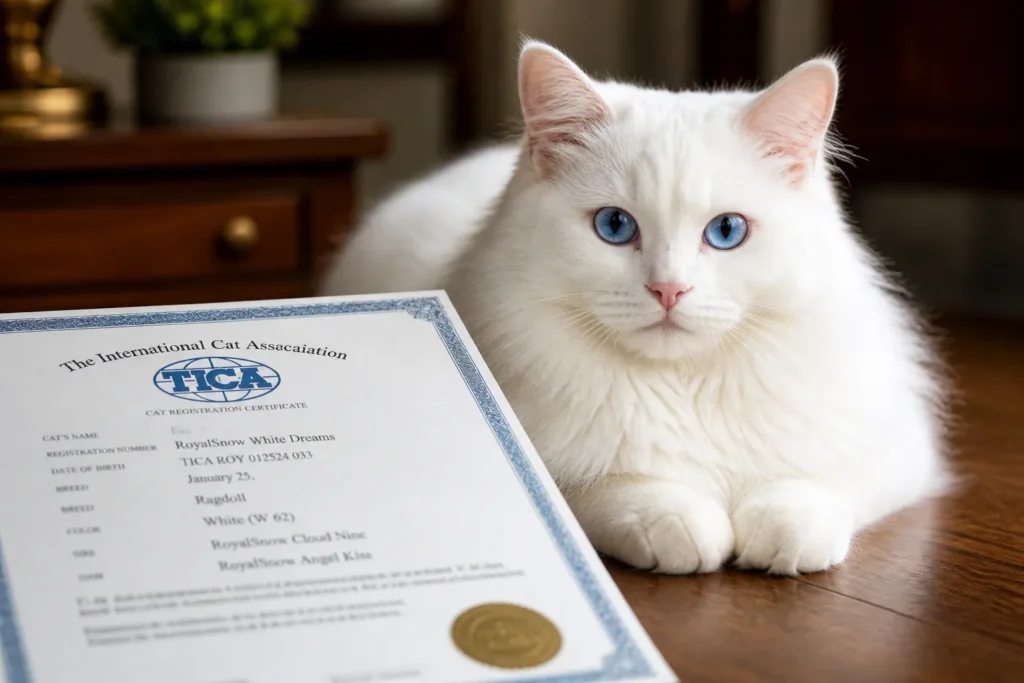 Fluffy feline and official certificate Pure White Ragdoll Cat
