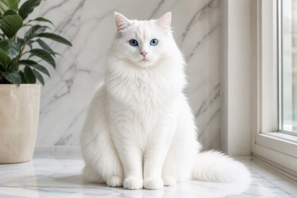 Fluffy white cat on marble surface Pure White Ragdoll Cat
