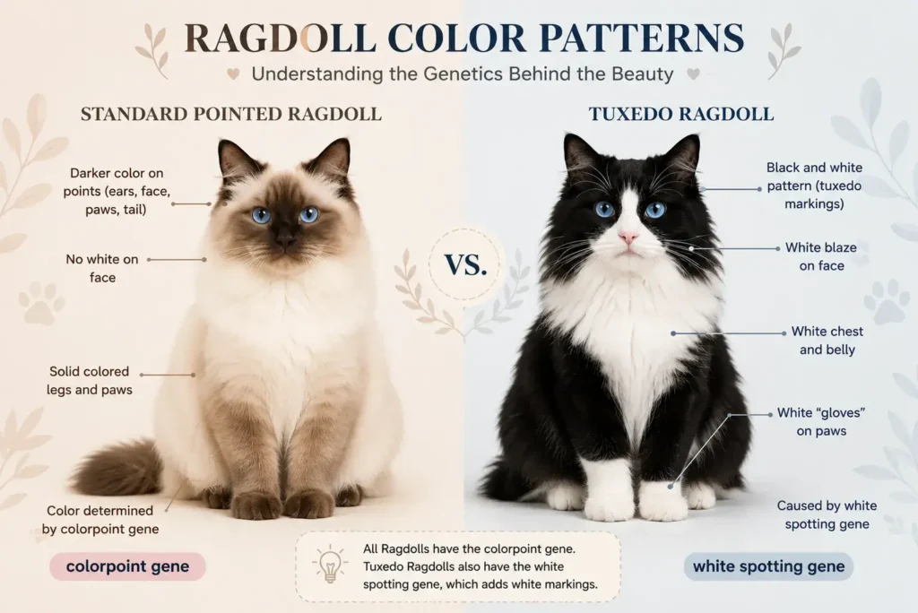 Ragdoll color patterns comparison Tuxedo Black and White Ragdoll Cat