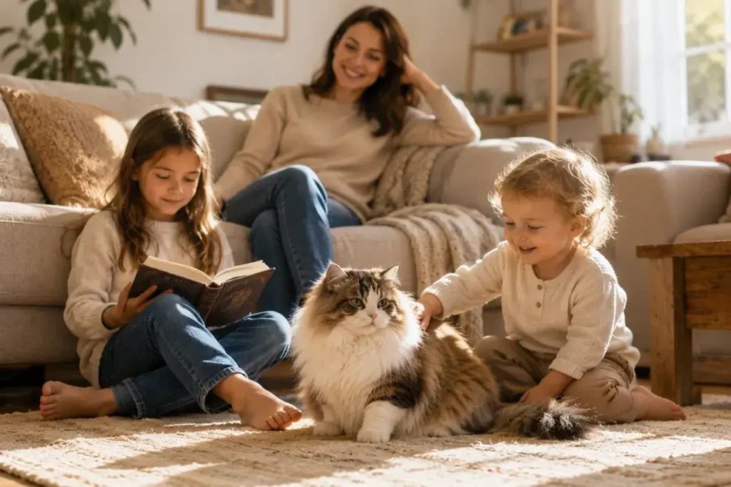 Cozy family bonding with adorable cat
