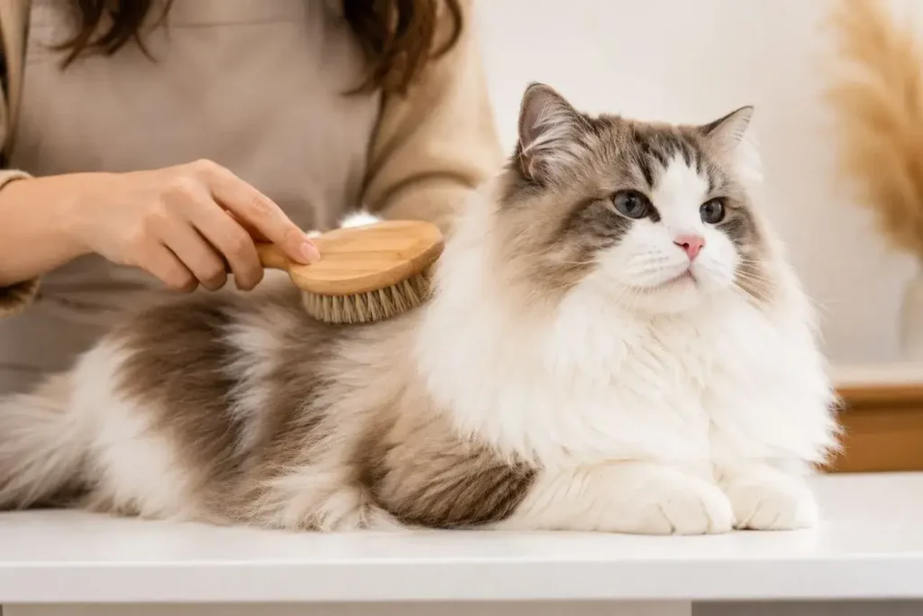 Cozy grooming session with a fluffy cat