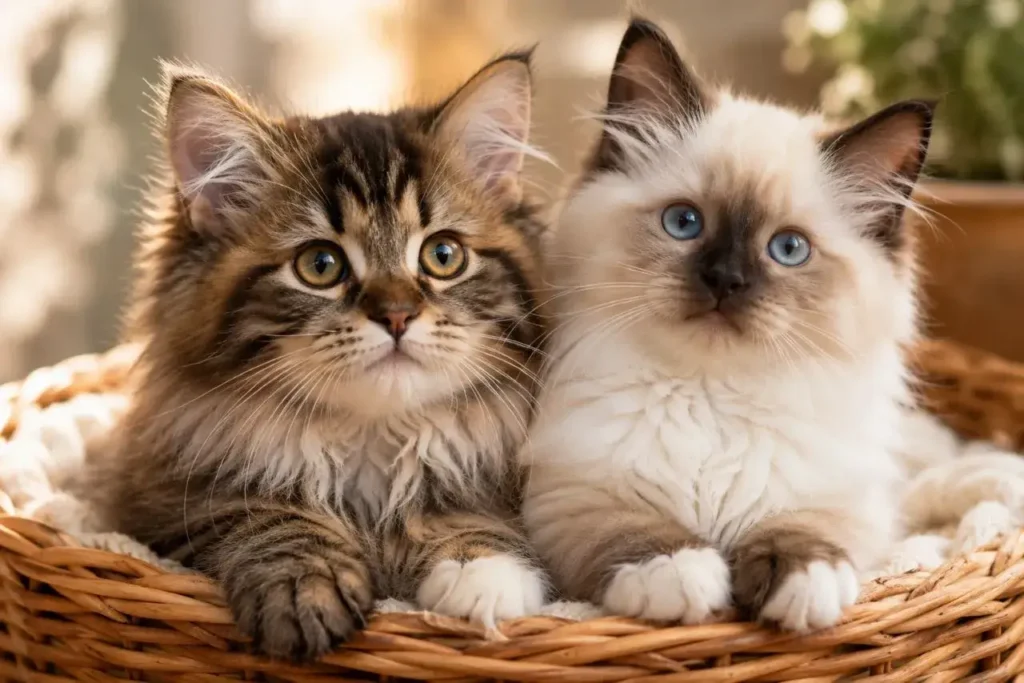 Cozy kittens in a woven basket