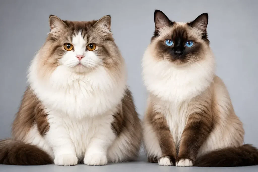 Fluffy feline duo in studio lighting Ragamuffin vs Ragdoll