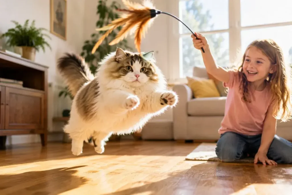 Playful cat and child in sunlight Ragamuffin vs Ragdoll