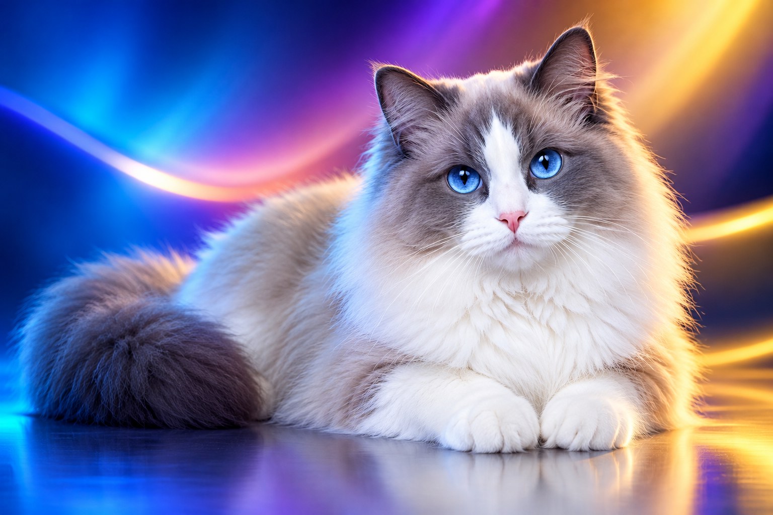 Blue Bicolor Ragdoll Cat with blue-gray points, white inverted V face marking, and blue eyes