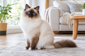 Chocolate Point Ragdoll Cat with warm brown points, ivory coat, and blue eyes