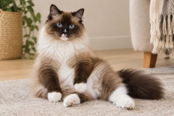 Seal Mitted Ragdoll Cat with seal-brown points, blue eyes, white mittens and hind boots